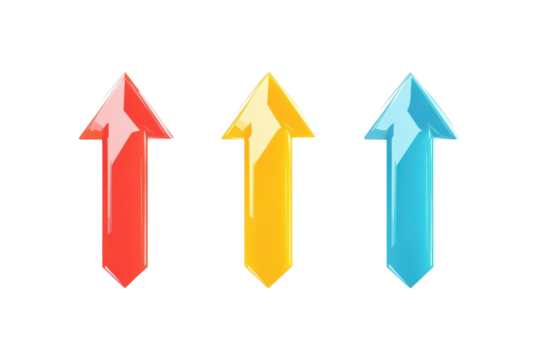 Brightly colored arrows pointing upward, symbolizing progress and growth in a modern design isolated on transparent background