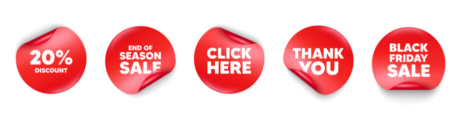 Discount sticker tag. Season sale, Black friday paper price banners. 20 percent discount tag. Sale offer price sign. Special offer symbol. Thank you sticker. Vector