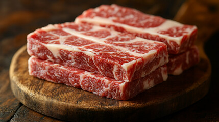 aw beef steaks on a wooden cutting board, showcasing the rich texture of wagyu beef, symbolizing luxury, indulgence, and the craftsmanship of modern cooking