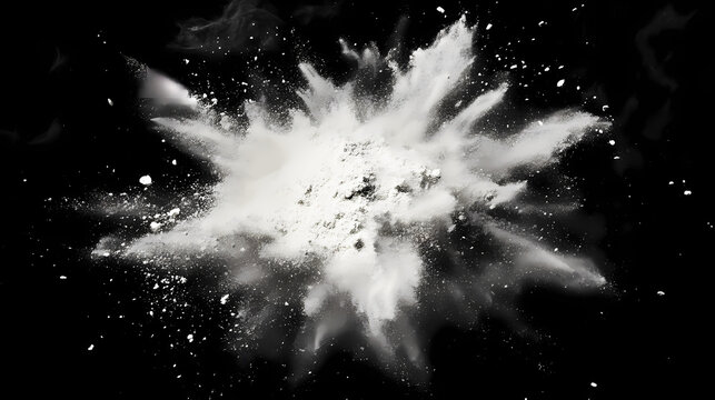 White powder or flour explosion isolated on black background freeze stop motion object design. Frozen Thunderstorms. Illustration