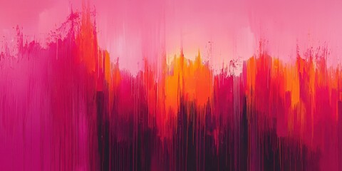 A vibrant abstract landscape featuring shades of pink, orange, and black, evoking a sense of movement and energy.