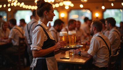 A beer maid serving drinks inside a busy beer hall for Oktoberfest attendees