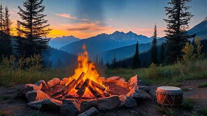 Sunset campfire, mountains, drum, nature, relaxation