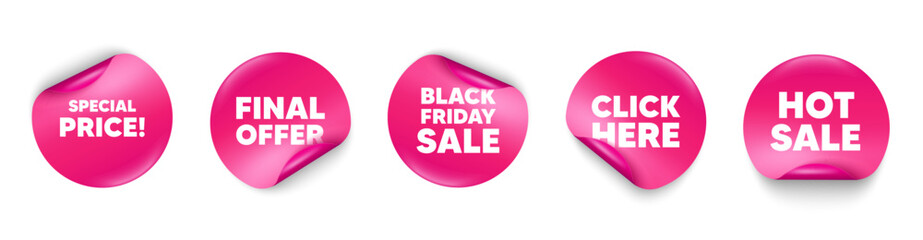 Special price sticker tag. Click here, Black friday paper price banners. Special price tag. Sale sign. Advertising Discounts symbol. Hot sale sticker. Promo banners. Vector