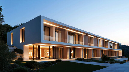 Fototapeta premium Modern hotel facade illuminated at dusk with warm lighting and landscaping