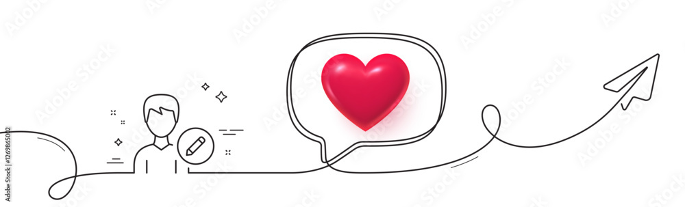 Poster edit user line icon. continuous line with share plane. profile avatar with pencil sign. male person 