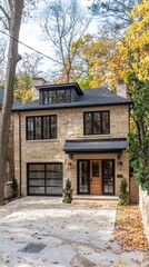 Fototapeta premium New house exterior. Autumn leaves. Real estate photo for sale, promotion, design, advertising, architecture