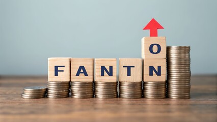 Inflation Crisis: Wooden Cube on Coins Illustrates FED Interest Rate Hike Concerns, Global Economic Instability, and the Fight Against Rising Prices. Visual    