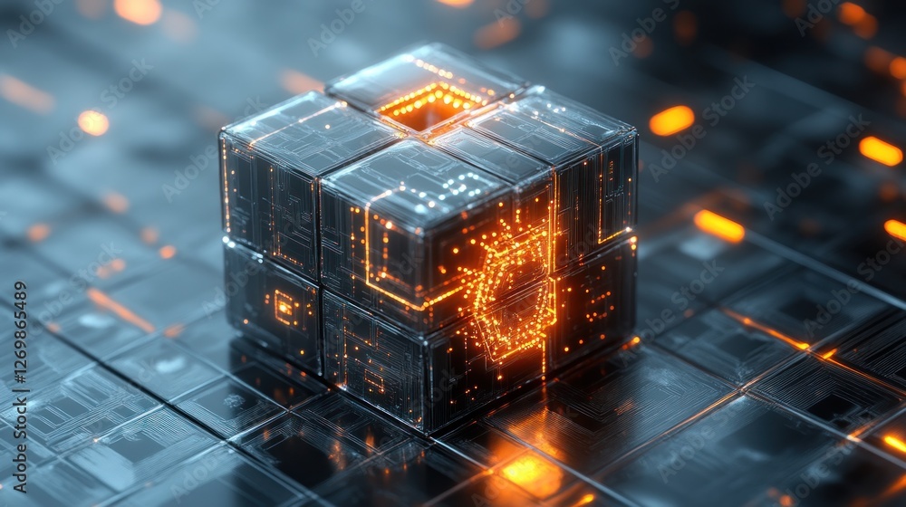 Poster abstract technological cube with glowing circuitry and data flow
