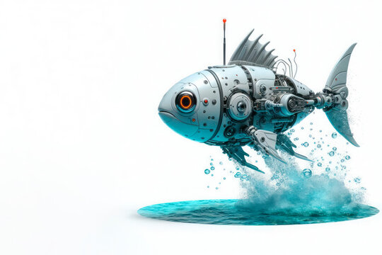 A robotic fish jumps out of the water. Space for text.