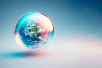 Planet Earth is enclosed in a soap bubble. Space for text.