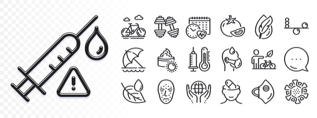 Medical mask, Sun cream and Organic tested line icons for web app. Glare of light effect. Message icon. Pack of Vaccine attention, Depression treatment, Leaf dew pictogram icons. Vector