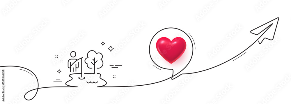 Poster fishing place line icon. continuous line with share plane. fisherman with rod sign. lake with tree s