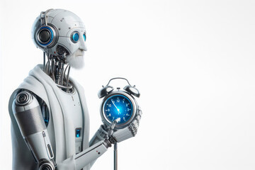 Fototapeta premium An elderly robot holds an alarm clock. Space for text.