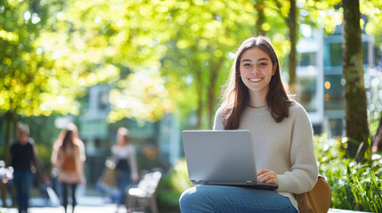 A female student smiling with laptop on a vibrant college campus