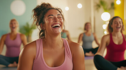 Joyful women in diverse shapes and sizes enjoying laughter and togetherness in yoga class