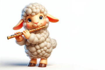 A cute lamb plays the flute. Space for text.