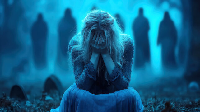 Mournful banshee kneeling in mysterious graveyard scene for fantasy design