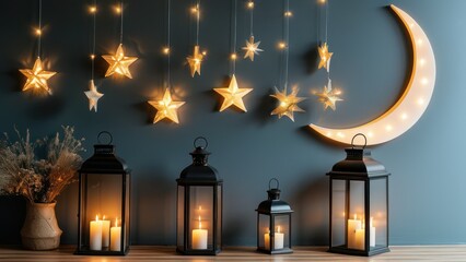 Obraz premium Warm, cozy decor with glowing stars and lanterns for a festive ambiance.