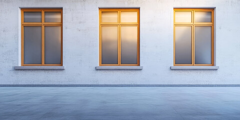 Brightly lit exterior view of three wooden windows on a contemporary building