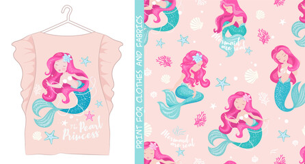 Cute little mermaid. Beautiful little mermaid with pearl on pastel pink background for t-shirts or kids fashion art, children's books