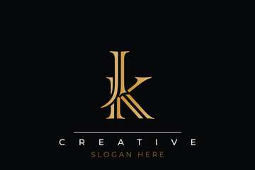 Sophisticated gold JK monogram logo on a sleek black background, ideal for branding, creative design, and luxurious themes.