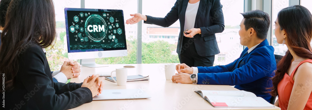 Poster customer relationship management system on modish computer for crm business and enterprise
