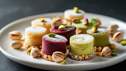 Colorful gourmet desserts presented elegantly on a plate.