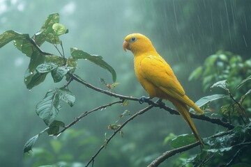 Fototapeta premium Bright yellow bird perched on a wet branch during a rainstorm in a lush green forest