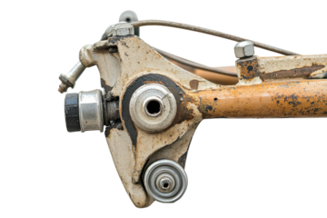A close-up view of a vintage bicycle's rear brake mechanism showcasing intricate details and wear isolated on transparent background
