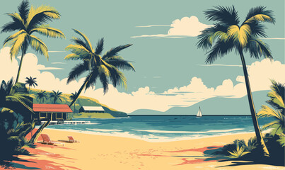 Vintage Caribbean Island Postcard - Retro Beach Scene with Palm Trees and Sailboat