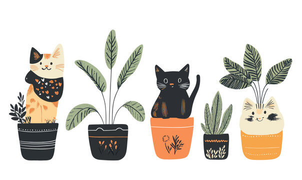 Cute Cats in Planters Vector Art with Indoor Plants in Minimalist Cartoon Style