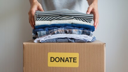 Stack of folded clothing is placed on donation box