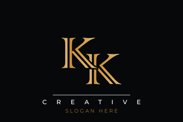 Sophisticated gold KK monogram logo on a sleek black background, ideal for branding, creative design, and luxurious themes.