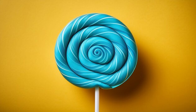 close up of a blue lollipop on a yellow background