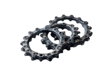 Three detailed bicycle chainrings on a white surface, highlighting mechanical craftsmanship isolated on transparent background