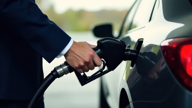 A man in a suit manages his car with gasoline at the gas station, hand and black refuelling gun close up