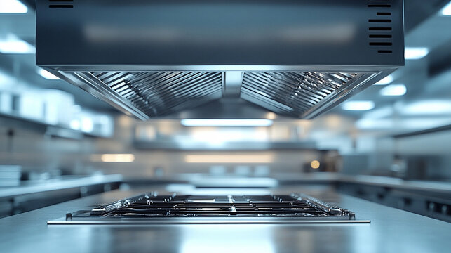 A shiny new stainless steel kitchen exhaust hood installed in a modern commercial kitchen symbolizes cleanliness, efficiency, and safety, ensuring proper ventilation and fire prevention