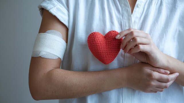 Woman holding a red heart with a bandaged arm