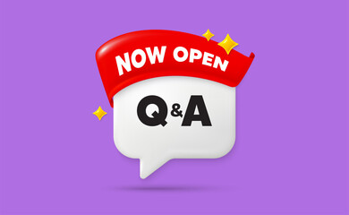 Questions answers chat speech bubble. Now open flag ribbon. Questions and answers icon. Answer question sign. Faq symbol. 3d sparkle stars speech bubble. Vector