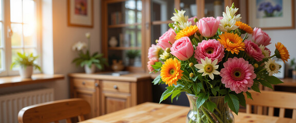 Colorful bouquet of fresh spring flowers creating a vibrant and cheerful atmosphere in a sunlit kitchen, symbolizing the renewal of life and the joy of the Spring Equinox