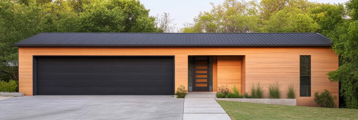 Modern wooden house with sleek garage and landscaped yard in a serene neighborhood setting