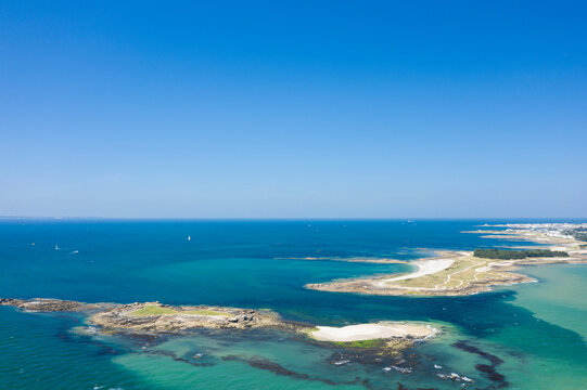 The tip of Conguel and the islet of Toul Bihan in Quiberon in Europe, France, Brittany, Morbihan, Quiberon, in summer, on a sunny day.