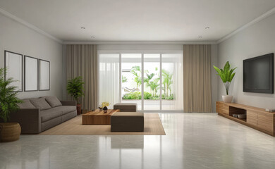 Fototapeta premium Elegant modern living room with natural light and tropical view