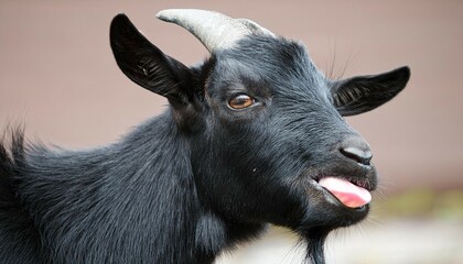 Fototapeta premium portrait of funny black goat with tongue out