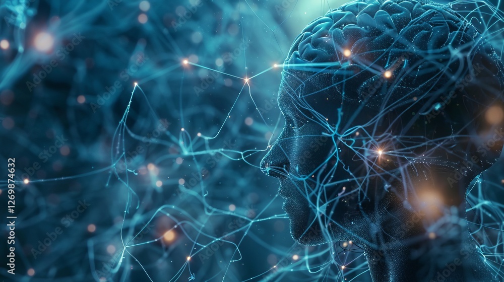 Poster digital human head with neural connections and a glowing brain, surrounded by abstract network lines