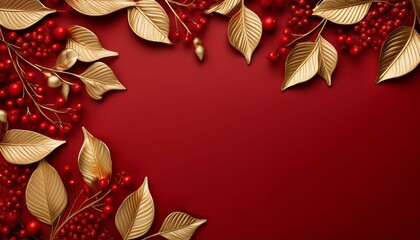 a red background with gold leaves and red berries