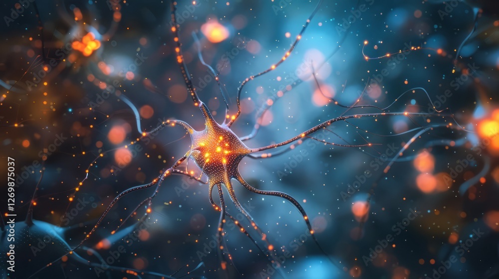 Poster abstract depiction of a glowing neuron with synapses and impulses on a dark blurred background. conc
