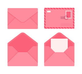 Set of pink envelopes in different styles, including closed, open, and with a letter. Mail, correspondence, and stationery concept. Flat vector illustration isolated on white background