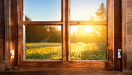 wooden window frame in sunlight close up view